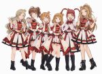  6+girls ;) absurdres baba_konomi black_boots boots brown_hair closed_mouth crown double_v drill_hair grin handa_roco highres idolmaster idolmaster_million_live! idolmaster_million_live!_theater_days jacket kinarurikinari long_hair long_sleeves looking_at_viewer matsuda_arisa mini_crown multiple_girls nikaido_chizuru official_alternate_costume one_eye_closed overskirt plaid_clothes plaid_jacket ponytail re_prologue_x_(idolmaster) red_hair red_jacket short_hair side_drill simple_background skirt smile standing suou_momoko twintails v white_background white_jacket white_overskirt white_skirt yokoyama_nao 