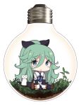  black_bow blue_eyes blue_neckwear blush_stickers bow cat chibi closed_mouth commentary_request eyebrows_visible_through_hair full_body green_hair hair_between_eyes hair_bow kantai_collection light_bulb long_hair looking_at_viewer miniskirt neckerchief school_uniform serafuku simple_background sitting skirt solo terrarium watanon_(gakushokutei) white_background yamakaze_(kantai_collection) 