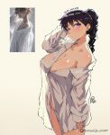  arato_nagi artist_name black_hair breasts closed_mouth huge_breasts jk_arts long_hair photo-referenced photo_inset ponytail purple_eyes ruri_no_houseki shirt twitter_username white_shirt 