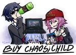  1boy 2girls baseball_cap black_jacket blue_hair bluerainbowart bottle bow chaos;child chest_bow computer cropped_jacket drinking english_text hat hekiho_academy_school_uniform holding holding_bottle holding_game_cartridge jacket kazuki_hana laptop miyashiro_takuru multiple_girls nervous_sweating object_on_head ok_sign one_eye_closed onoe_serika open_mouth pink_hair purple_eyes red_bow red_hat school_uniform science_adventure short_hair smile soda sunglasses sweat 