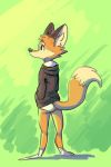  2018 ambiguous_gender anthro barefoot butt canine cheek_tuft clothed clothing darma dipstick_ears dipstick_tail fox fuel_(artist) hands_in_pockets hoodie legwear mammal multicolored_tail rear_view rock_dog simple_background socks solo standing tuft underwear 