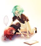  2others androgynous anger_vein angry broken clipboard commentary_request cracked crystal_hair gem_uniform_(houseki_no_kuni) green_eyes green_hair houseki_no_kuni looking_at_another lying meguritekuruhi multiple_others necktie on_side open_mouth phosphophyllite protected_link red_eyes red_hair scared shards shinsha_(houseki_no_kuni) short_hair sparkle spoken_anger_vein spoken_ellipsis sweat 