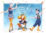  1girl 2boys armpits arms_up black_eyes blue_dress blue_hair blue_overalls blue_sailor_collar boots bow character_name closed_eyes commentary_request confetti cosplay disney donald_duck donald_duck_(cosplay) donald_duck_sailor_hat dress full_body grin high_heels highres holding holding_trophy jujutsu_kaisen long_hair medal mei_mei_(jujutsu_kaisen) multiple_boys neckerchief open_mouth orange_boots orange_pantyhose overalls pantyhose red_bow sailor sailor_collar siblings sleeveless sleeveless_dress smile teeth trophy ui_ui_(jujutsu_kaisen) urahoshi yellow_neckerchief 