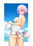  ass back bikini blush breasts cloud day eyebrows_visible_through_hair fate/grand_order fate_(series) glasses hair_over_one_eye large_breasts looking_at_viewer looking_back mash_kyrielight ocean one-piece_swimsuit open_mouth purple_eyes purple_hair sawada_yuusuke short_hair side-tie_bikini sky smile solo swimsuit swimsuit_lift swimsuit_of_perpetual_summer tan tanline white_swimsuit 