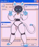 3_toes 4_fingers :3 anthro anthrofied artist_logo bell bell_collar bellabot black_face blue_eyes blue_fingers blue_inner_ear blue_mouth blue_nose blue_pawpads blue_toes blush blush_lines breasts cel_shading cheek_tuft club_arms collar domestic_cat double_v_sign english_text facial_tuft featureless_breasts featureless_crotch feet felid feline felis female fingers floating_fingers for_a_head full-length_portrait gesture hand_gesture hello_world hi_res hindpaw i_love_you ka-t logo machine mammal medium_breasts message_box microsoft microsoft_windows object_head pawpads paws portrait pudu_robotics razgrizdl robot robot_anthro robot_joints screen screen_face screen_head screencap screencap_background segmented_body shaded solo standing tail text thick_thighs thin_tail toes tuft v_sign white_body wide_hips windows_xp x3