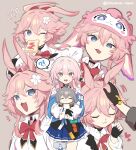  3girls absurdres black_gloves black_jacket bread bread_slice closed_eyes commentary evanescia_(honkai:_star_rail) food food_in_mouth gloves hat headpat hello_mem_world!_(honkai:_star_rail) highres honkai:_star_rail honkai_(series) jacket march_7th_(honkai:_star_rail) mem_(honkai:_star_rail) mouth_hold multiple_girls multiple_views ooyun open_mouth pink_hair purple_eyes shirt short_hair skirt stelle_(honkai:_star_rail) toast toast_in_mouth trailblazer_(honkai:_star_rail) untranslatable_commentary white_shirt 