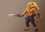  anthro barefoot claws clothed clothing dampfloque digimon feline gradient_background holding_object holding_weapon leomon male mammal melee_weapon muscular muscular_male open_mouth signature simple_background solo standing sword topless weapon 