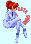  1girl artist_name blue_background blue_bodysuit blue_eyes bodysuit character_name commentary_request crossed_legs full_body gundam highres invisible_chair kate_bush long_hair mecha_pilot_suit normal_suit_(gundam) ponytail red_hair saika_(pixiv43370196) shrike_team_(victory_gundam) simple_background sitting smile solo victory_gundam 