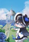  1girl bird bird_on_hand black_bonnet black_hair black_vest blanchet_(trickcal) blue_bird blue_eyes blue_flower blue_rose blue_sky bonnet chibi chibi_only closed_mouth cloud commentary_request day dress earrings expressionless flower from_behind garden gazebo hair_flower hair_ornament hat hat_flower highres jewelry korean_commentary long_hair looking_at_viewer narrowed_eyes outdoors pavilion rose sein_3111 sky solo standing straight_hair sunlight trickcal vest white_dress 