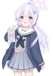  1girl absurdres ahoge arm_at_side black_neckerchief blue_archive blue_hair blush choppy_bangs coat commentary cowboy_shot dot_nose drawing_(object) duffel_coat fingernails grey_coat grey_shirt grey_skirt hair_ornament halo hand_up highres holding long_hair long_sleeves looking_at_viewer low_twintails midriff miniskirt multicolored_hair neckerchief nimonomono open_clothes open_coat open_mouth pink_hair pleated_skirt purple_eyes purple_halo purple_pupils raised_inner_eyebrows reisa_(blue_archive) sailor_collar shirt skirt smile solo standing star_(symbol) star_hair_ornament star_halo straight_hair twintails two-tone_hair white_sailor_collar 