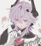  1boy arms_up black_capelet black_horns black_shirt capelet chest_jewel commentary_request crossed_bangs dragon_horns durin_(genshin_impact) genshin_impact gloves hair_between_eyes heart-shaped_gem highres horns looking_at_viewer male_focus medium_hair multicolored_horns non_non291 parted_lips purple_hair purple_horns red_eyes shirt solo sweatdrop two-tone_horns upper_body white_background white_gloves 