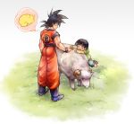  ^_^ animal animal_hug ayo_(isy8800) bad_id bad_pixiv_id black_eyes black_hair boots bowl_cut closed_eyes clothes_writing dougi dragon_ball dragon_ball_z facing_away father_and_son flying_nimbus full_body gradient gradient_background grass green_jacket hug jacket leg_lift long_sleeves looking_down male_focus multiple_boys profile sheep short_hair shorts simple_background smile son_gohan son_gokuu spiked_hair thought_bubble white_background wristband 