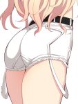  1girl ass ass_focus belt black_belt blonde_hair from_behind gakuen_idolmaster highres idolmaster juo_sena long_hair short_shorts shorts solo strap thighs uccow wavy_hair white_background white_shorts 