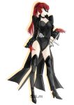  1girl black_boots black_leotard black_tailcoat boots breasts collarbone commentary_request full_body gloves hand_on_own_thigh high_heel_boots high_heels high_ponytail highres leotard long_hair looking_to_the_side mask metal_flower onikuzun persona persona_5 ponytail red_gloves red_hair sheath sheathed solo standing sword thigh_boots violet_(persona_5) weapon yoshizawa_kasumi 