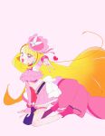  1girl 35kawaiiprpr absurdres asymmetrical_clothes blonde_hair boots crop_top cure_butterfly detached_sleeves gyaru_v highres hijiri_ageha hirogaru_sky!_precure long_hair midriff miniskirt outstretched_arm overskirt pink_background pink_eyes pink_skirt plaid_clothes precure simple_background single_pantsleg skirt smile solo v very_long_hair 