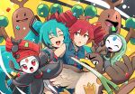  4girls ahoge aqua_hair black_shirt closed_eyes collared_shirt commentary_request drill_hair farfetch'd fingernails green_hair hair_between_eyes hair_ornament hatsune_miku headphones highres kasane_teto kasane_teto_(utau) long_hair looking_at_another meloetta meloetta_(aria) meloetta_(pirouette) microphone multiple_girls nail_polish open_mouth orange_eyes orange_hair pokemon project_voltage red_eyes red_hair red_nails revision shirt sim_sb_(pixiv121308470) sleeveless sleeveless_shirt smile sudowoodo sweat twin_drills utau very_long_hair vocaloid white_shirt 
