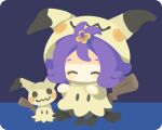  1girl acerola_(pokemon) blush closed_eyes commentary_request cosplay dress frilled_dress frills hood hood_up mimikyu mimikyu_(cosplay) pokemon pokemon_(creature) purple_hair rizu_(rizunm) simple_background solo tail 