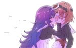  2girls black_jacket closed_eyes commentary_request fujinomisaki_school_uniform goggles goggles_on_head hand_on_another's_cheek hand_on_another's_face highres hoshikuzu_telepath jacket kiss konohoshi_umika kpz06ufeb046147 long_hair long_sleeves medium_hair multiple_girls orange_hair pleated_skirt puffy_sleeves purple_eyes raimon_matataki sailor_collar school_uniform simple_background skirt surprise_kiss surprised white_background white_sailor_collar white_skirt yuri 