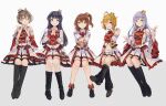  5girls absurdres ahoge black_boots black_hair blonde_hair blue_hair boots brown_hair crown double_w hands_up highres ibuki_tsubasa idolmaster idolmaster_million_live! idolmaster_million_live!_theater_days jacket kasuga_mirai kinarurikinari long_hair long_sleeves looking_at_viewer mini_crown mogami_shizuka multiple_girls official_alternate_costume one_side_up overskirt own_hands_together plaid_clothes plaid_jacket pointing pointing_at_viewer re_prologue_x_(idolmaster) red_jacket sakuramori_kaori shiraishi_tsumugi short_hair simple_background sitting skirt w white_background white_jacket white_overskirt white_skirt 