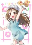  :d arm_up bangs blue_shirt blush boots brown_eyes brown_hair character_name clothes_writing commentary_request eyebrows_visible_through_hair flag flat_cap grey_shorts hat hataraku_saibou highres holding holding_flag knee_boots long_hair looking_at_viewer open_mouth outstretched_arm platelet_(hataraku_saibou) round_teeth shirt short_shorts short_sleeves shorts smile solo teeth tsukiman upper_teeth very_long_hair white_hat 