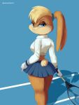  anthro blonde_hair blue_eyes bottomwear breasts buckteeth clothing eyelashes female hair hi_res lagomorph leporid lola_bunny looney_tunes mammal ponytail_ears rabbit shadow skirt smile solo soranygyart sport tail teeth tennis tennis_court tennis_racket warner_brothers 