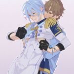  2boys aiguillette aroused black_gloves blue_eyes blue_gem blue_hair blue_jacket blue_sash blush bodysuit brown_eyes brown_hair bulge buttons clenched_teeth closed_eyes commentary_request covered_abs cowboy_shot cropped_jacket curled_fingers depas_k double-breasted edmond_(nu_carnival) eiden_(nu_carnival) epaulettes erection erection_under_clothes eyelashes gem gloves grey_background hair_between_eyes hair_over_shoulder half-closed_eyes half_gloves hand_on_another's_chest hand_under_clothes heart highres hip_bones holding_another's_wrist hug hug_from_behind jacket kiss kissing_neck leaning_on_person long_hair low_ponytail male_focus multiple_boys nose_blush nu_carnival open_mouth outline pectoral_grab ponytail sash short_hair shoulder_sash simple_background sweatdrop teeth three-quarter_sleeves white_bodysuit white_jacket white_outline yaoi 