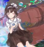  1girl =_= alcohol black_skirt blush brown_hair closed_eyes closed_mouth collared_shirt commentary dateless_bar_"old_adam" drink drunk hairband hand_rest highres holding holding_drink official_alternate_costume one-hour_drawing_challenge shirt short_hair short_sleeves sitting skirt solo touhou usami_renko uwazumi white_hairband white_shirt 