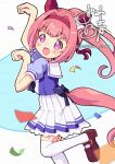  1girl animal_ears blush bow bowtie brown_shoes confetti ear_bow ear_covers flower-shaped_pupils flower_in_eye haru_urara_(umamusume) headband horse_ears horse_girl horse_pose horse_tail long_hair looking_at_viewer open_mouth pink_eyes pink_hair pink_headband pleated_skirt ponytail puffy_short_sleeves puffy_sleeves purple_bow purple_bowtie purple_shirt red_headband sailor_collar sailor_shirt school_uniform shirt shoes short_sleeves skirt smile solo symbol-shaped_pupils symbol_in_eye tail thighhighs tracen_school_uniform umamusume white_sailor_collar white_skirt white_thighhighs yoshiharu_izumi 