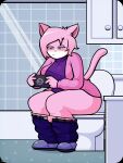 aeris_(vg_cats) anthro bathroom belt big_butt blush bottomwear butt cabinet clothed clothing digital_media_(artwork) domestic_cat felid feline felis female footwear gaming glass hair hi_res mammal narrowed_eyes overshirt panties panties_down pants partially_clothed playing_video_game shirt shoes shower sillynamie sink solo squint squinted_eyes tail toilet toilet_use topwear undershirt underwear underwear_down vg_cats
