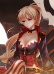  azur_lane bangs belt blonde_hair blurry breasts character_name choker cleavage collarbone depth_of_field earrings flag highres jean_bart_(azur_lane) jewelry long_hair long_sleeves ponytail red_eyes single_thighhigh skull skyde_kei smoke solo striped striped_legwear thighhighs twitter_username 