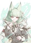  1girl absurdres animal_ear_fluff animal_ears arknights black_ribbon blush breasts cameo cape cat_ears cat_girl collared_shirt finger_to_cheek green_eyes green_hair grey_vest hand_up harmonie_(arknights) highres holding holding_wand joul_0704 long_hair long_sleeves looking_at_viewer medium_breasts neck_ribbon one-hour_drawing_challenge reed_(arknights) ribbon shirt solo upper_body vest wand white_cape white_shirt 