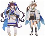  2girls :d adapted_costume anchor_ornament animal_ears aqua_ribbon belt black_shorts black_socks blue_bow blue_eyes blue_ribbon boots bow brown_belt brown_hair chain cheval_grand_(grand_itineraire)_(umamusume) cheval_grand_(umamusume) closed_mouth commentary_request ear_covers full_body gloves hair_between_eyes hair_ribbon hakusai_(tiahszld) hand_on_headwear hat highres horse_ears horse_girl horse_tail japanese_clothes kimono long_hair long_sleeves looking_at_viewer multicolored_hair multiple_girls open_mouth pleated_skirt purple_eyes ribbon shirt short_hair_with_long_locks shorts siblings simple_background single_ear_cover single_glove sisters skirt smile socks standing streaked_hair tail twintails umamusume very_long_hair vivlos_(umamusume) vivlos_(voyage_etincelant)_(umamusume) white_background white_boots white_gloves white_hat white_kimono white_shirt white_skirt white_streaks 