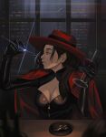  1girl alternate_eye_color ashtray black_gloves black_hair blue_eyes cape carmen_sandiego carmen_sandiego_(series) cigarette cigarette_butt commentary cup diamond_(gemstone) drinking_glass earrings elbow_gloves english_commentary fedora gem gloves hat hat_ribbon highres holding holding_cup holding_gem indoors jewelry latex latex_gloves long_hair night parted_lips red_cape red_hair red_hat ribbon sgrios solo sparkle window wine_glass zipper 