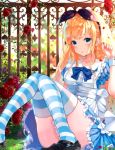  alice_(wonderland) alice_in_wonderland apron bad_id bad_pixiv_id bangs black_footwear black_ribbon blonde_hair blue_dress blue_eyes blue_footwear blurry blurry_background blush bow center_frills closed_mouth club_(shape) commentary convenient_leg day depth_of_field diamond_(shape) dress eyebrows_visible_through_hair fence fingernails flower frilled_dress frills grass hair_ribbon hand_up ironwork knees_together_feet_apart long_hair looking_at_viewer maid_apron mary_janes nail_polish on_grass on_ground outdoors petals plant playing_card_theme puffy_short_sleeves puffy_sleeves recotasan red_flower red_nails red_rose ribbon rose rose_bush shoes short_sleeves sitting solo spade_(shape) striped striped_legwear sunlight tears thighhighs vertical-striped_dress vertical_stripes very_long_hair white_apron white_bow wrist_cuffs 