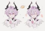  1boy arrow_(symbol) blush capelet chicken_(food) closed_eyes commentary_request dragon_boy dragon_horns durin_(genshin_impact) eating food genshin_impact gloves horns male_focus medium_hair non_non291 purple_hair solo upper_body white_background white_gloves 