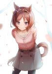  1girl absurdres animal_ears aoniyoshi black_pantyhose blush breasts brown_hair casual closed_mouth collarbone commentary_request flower_in_eye grey_skirt highres horse_ears horse_girl horse_tail leaning_forward long_sleeves looking_at_viewer pantyhose petals pink_eyes pink_sweater plaid_clothes plaid_skirt purple_eyes sakura_laurel_(casual)_(umamusume) sakura_laurel_(umamusume) shirt short_hair skirt smile solo sweater symbol_in_eye tail umamusume 