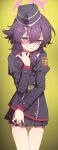  1girl absurdres bags_under_eyes black_jacket black_skirt blue_archive closed_mouth collared_shirt commentary_request cowboy_shot garrison_cap gradient_background halo haruka_(blue_archive) hat highres jacket light_blush looking_at_viewer miniskirt nametake pleated_skirt purple_eyes purple_hair purple_halo red_shirt shirt skirt solo standing yellow_background 