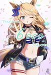 2girls animal_ears bandeau black_choker black_jacket blonde_hair blue_bandeau blue_eyes blue_ribbon blue_shorts choker commentary_request confetti cowboy_shot denim denim_shorts ear_ribbon english_text gloves gold_city_(authentic/1928)_(umamusume) gold_city_(umamusume) highres horse_ears horse_girl horse_tail jacket kousaka_saki_(artist) leather leather_jacket looking_at_viewer multiple_girls navel one_eye_closed ribbon shorts signature single_glove striped_bandeau tail thigh_strap voice_actor_drawing_own_character white_background white_bandeau white_gloves yukino_bijin_(umamusume) 