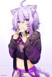  1girl ahoge animal_ears bell black_collar black_hoodie breasts cat_ears cat_girl cat_tail collar commentary cropped_hoodie eating food hair_between_eyes highres holding holding_food hololive hood hood_down hoodie looking_at_viewer medium_breasts navel neck_bell nekomata_okayu nekomata_okayu_(1st_costume) onigiri oz_sumire purple_eyes purple_hair solo tail twitter_username virtual_youtuber 