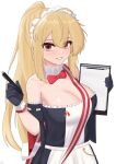  1girl absurdres ahoge artist_name bare_shoulders black_gloves blonde_hair bow bowtie breasts cleavage collarbone commentary detached_collar dress english_commentary girls'_frontline gloves hair_tie hairband highres holding holding_notepad holding_pencil long_hair looking_at_viewer maid medium_breasts mr.something notepad off-shoulder_dress off_shoulder official_alternate_costume open_mouth pencil ponytail red_bow red_bowtie red_eyes sidelocks simple_background smile solo sv-98_(girls'_frontline) sv-98_(waitress)_(girls'_frontline) two-tone_dress upper_body white_background white_hairband 