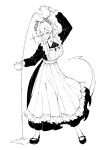  1girl apron black_dress black_shoes character_request closed_eyes closed_mouth collar commentary copyright_request cup dress english_commentary failure floating_clothes frze18 greyscale hair_intakes highres holding holding_cup holding_teapot horns long_sleeves maid maid_apron medium_hair monochrome ponytail pouring puddle shoes simple_background smile solo sparkle species_request spilled_drink spilling tail teacup teapot white_apron white_background white_collar white_hair white_wrist_cuffs wrist_cuffs 