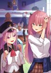  6+girls :d absurdres aikawa_megumi anger_vein asakura_karen_(heaven_burns_red) ascot bao_(s_888) black_cape black_hat black_thighhighs blonde_hair blush breasts brown_skirt bun_cover cape clenched_hands clothes_around_waist collared_shirt commentary_request cowboy_shot day double_bun dress_shirt eyes_visible_through_hair green_eyes grey_hair hair_between_eyes hair_bun hair_ribbon hands_up hat heaven_burns_red highres hood hood_up indoors izumi_yuki jacket jacket_around_waist kayamori_ruka kunimi_tama large_breasts light_particles long_hair long_sleeves looking_at_another military_hat miniskirt morning multiple_girls open_mouth pajamas peaked_cap pink_eyes pink_hair plaid_clothes plaid_skirt pleated_skirt red_ascot ribbon shirt short_hair sidelighting sidelocks skirt sleeves_rolled_up smile standing straight_hair stretching striped_clothes striped_pajamas team_31a_(heaven_burns_red) thighhighs toujou_tsukasa tying_hair v-shaped_eyebrows very_long_hair waking_up white_ribbon white_shirt zettai_ryouiki 