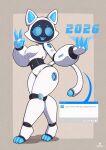2026 3_toes 4_fingers :3 anthro anthrofied arm_tattoo artist_logo bell bell_collar bellabot black_face blue_eyes blue_fingers blue_inner_ear blue_mouth blue_nose blue_pawpads blue_sclera blue_toes blue_tongue breasts cel_shading cheek_tuft club_arms collar domestic_cat eyelashes facial_tuft featureless_breasts feet felid feline felis female fingers floating_fingers for_a_head full-length_portrait gesture hand_gesture hi_res hindpaw holidays hologram ka-t logo looking_at_viewer machine mammal medium_breasts message_box new_year object_head pawpads paws plantigrade portrait pudu_robotics raised_heel razgrizdl robot robot_anthro robot_joints screen screen_face screen_head segmented_body segmented_tail shaded side_view simple_background solo tail tan_background tattoo thick_thighs toes tongue tuft v_sign white_body wide_hips