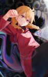  1girl ahoge black_pants blonde_hair braid coat commentary extra_eyes fingernails floating_hair gabriel_(yomi_no_tsugai) gabu_(yomi_no_tsugai) grin hair_between_eyes hand_up highres hood hood_down hooded_coat long_fingernails long_sleeves looking_at_viewer low_twin_braids pants purple_eyes red_coat skoll_world smile solo twin_braids twitter_username v-shaped_eyebrows yomi_no_tsugai 