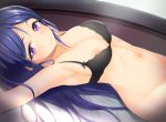  armpits arms_up black_bra blue_hair bottomless bra breasts commentary_request hair_down long_hair looking_at_viewer love_live! love_live!_sunshine!! lying matsuura_kanan medium_breasts navel nipple_slip nipples on_back out-of-frame_censoring purple_eyes sakasa_(guranyto) smile solo underwear underwear_only 