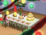  1girl blurry blurry_foreground bottle cake chair christmas_tree chupacabra_(idolmaster) food hat idolmaster idolmaster_million_live! indoors long_hair nonohara_akane on_chair party_hat pizza red_hair rocktaso_co_ltd sitting soda_bottle solo table tanaka_kotoha turkey_(food) wide_shot wooden_chair 