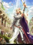  arm_up armor armored_boots artist_name battlement blonde_hair boots castle cloud copyright_name curly_hair day faceless flag flower gloves hair_flower hair_ornament holding holding_sword holding_weapon leaf left-handed legend_of_the_cryptids long_hair official_art outdoors petals sky solo_focus sword tatiana_kirgetova teeth tree unsheathed weapon 