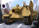  blonde_hair blue_eyes bomaru_(egekepfd) breasts caterpillar_tracks cloud commentary_request day ground_vehicle long_hair marker_(medium) metal_max military military_vehicle motor_vehicle original road_sign ruins sign sky tank traditional_media 