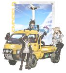 1boy 3girls absurdres animal_ears arknights arknights:_endfield bare_shoulders bird_ears bird_girl black_coat black_gloves black_hair black_mask black_pantyhose black_shoes blue_eyes blue_gloves blue_horns blue_jacket blue_tail car ceramicnoise chen_qianyu_(arknights) coat copyright_name dragon_girl dragon_horns dragon_tail dress eastern_dragon_horns eastern_dragon_tail endministrator_(arknights) female_endministrator_(arknights) full_body gloves grey_sweater highres horns jacket long_hair long_sleeves looking_at_viewer mask motor_vehicle multicolored_gloves multicolored_tail multiple_girls off_shoulder one_eye_closed open_clothes open_coat open_jacket open_mouth pantyhose perlica_(arknights) shoes short_hair sitting sleeveless sleeveless_dress smile standing sweater tail twintails two-sided_gloves two-tone_gloves white_dress white_jacket wolf_boy wolf_ears wulfgard_(arknights) 