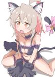  1girl absurdres ahoge animal_ear_fluff animal_ears animal_hands bell belly black_choker blush bow bow_panties bra breasts cat_ears cat_lingerie cat_tail choker cleavage_cutout clothing_cutout commentary_request dot_nose drop_shadow frilled_bra frilled_choker frilled_panties frills gloves highres looking_ahead medium_breasts medium_hair multicolored_hair navel onii-chan_wa_oshimai! open_mouth oyama_mahiro panties paw_gloves paw_shoes riannn_desu simple_background sitting solo tail tail_bell tail_bow tail_ornament tearing_up two-tone_hair underwear wariza white_background yellow_eyes 